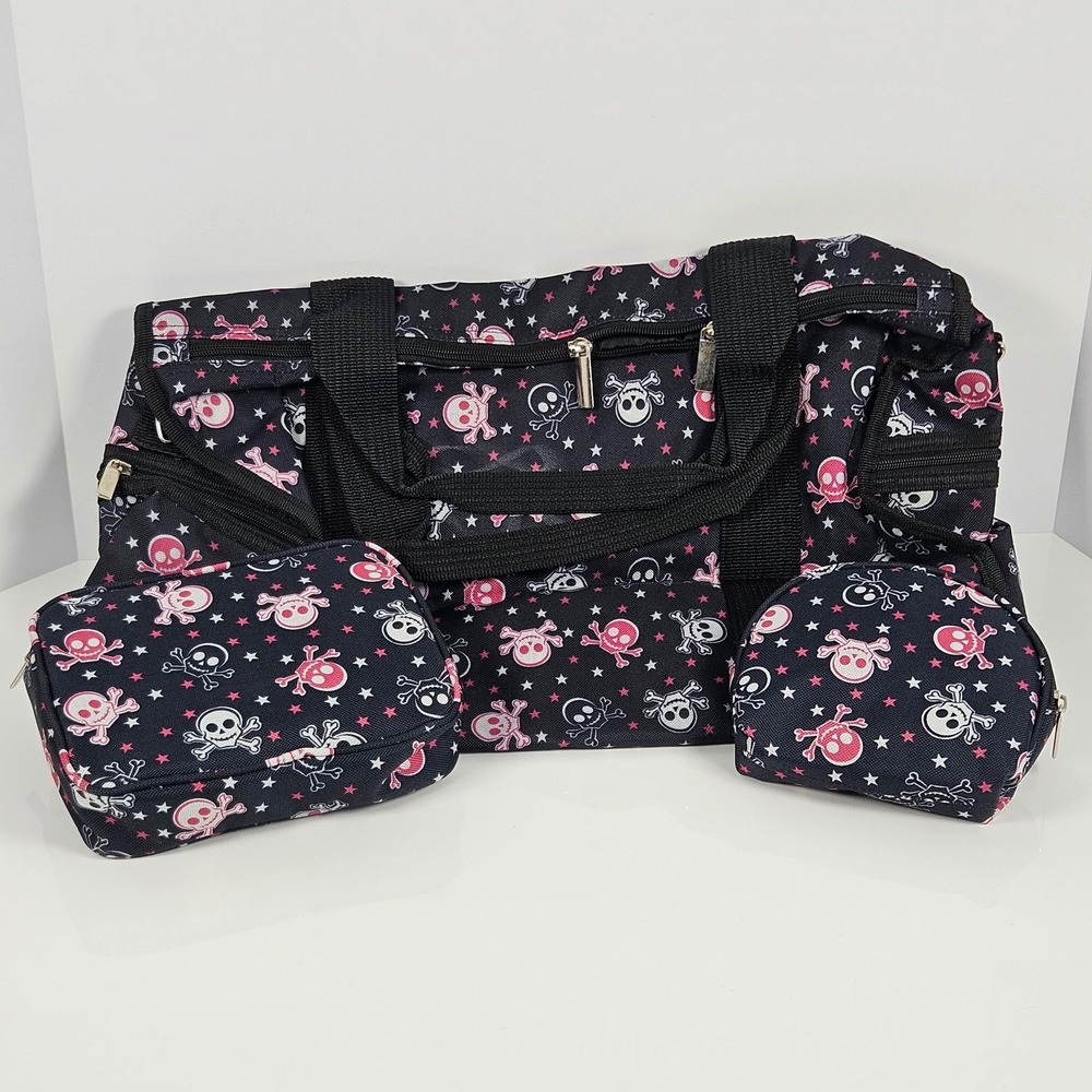 J Garden 3 Piece Travel Set Skull Crossbones Stars Duffel Bag Cosmetic Pouches